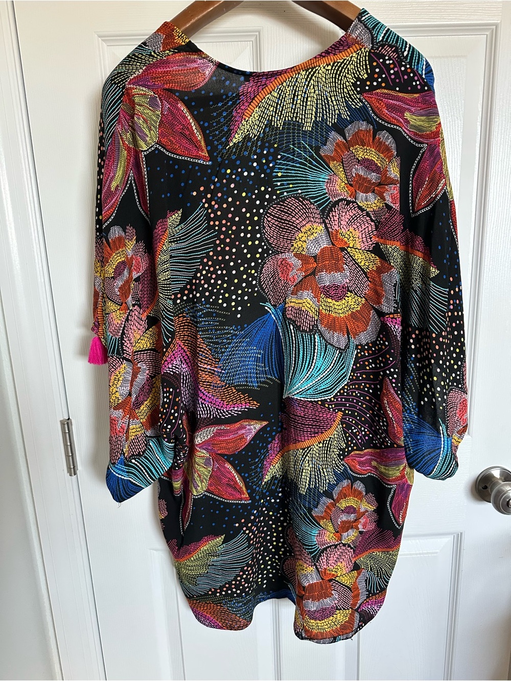 La Blanca Colorful Floral Boho Kimono with Tassels one size coverup - Picture 3 of 6